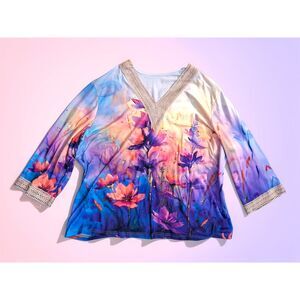 Plus Size 3X Boutique Watercolor Floral Lace Trim Blouse Top - Boho Chic